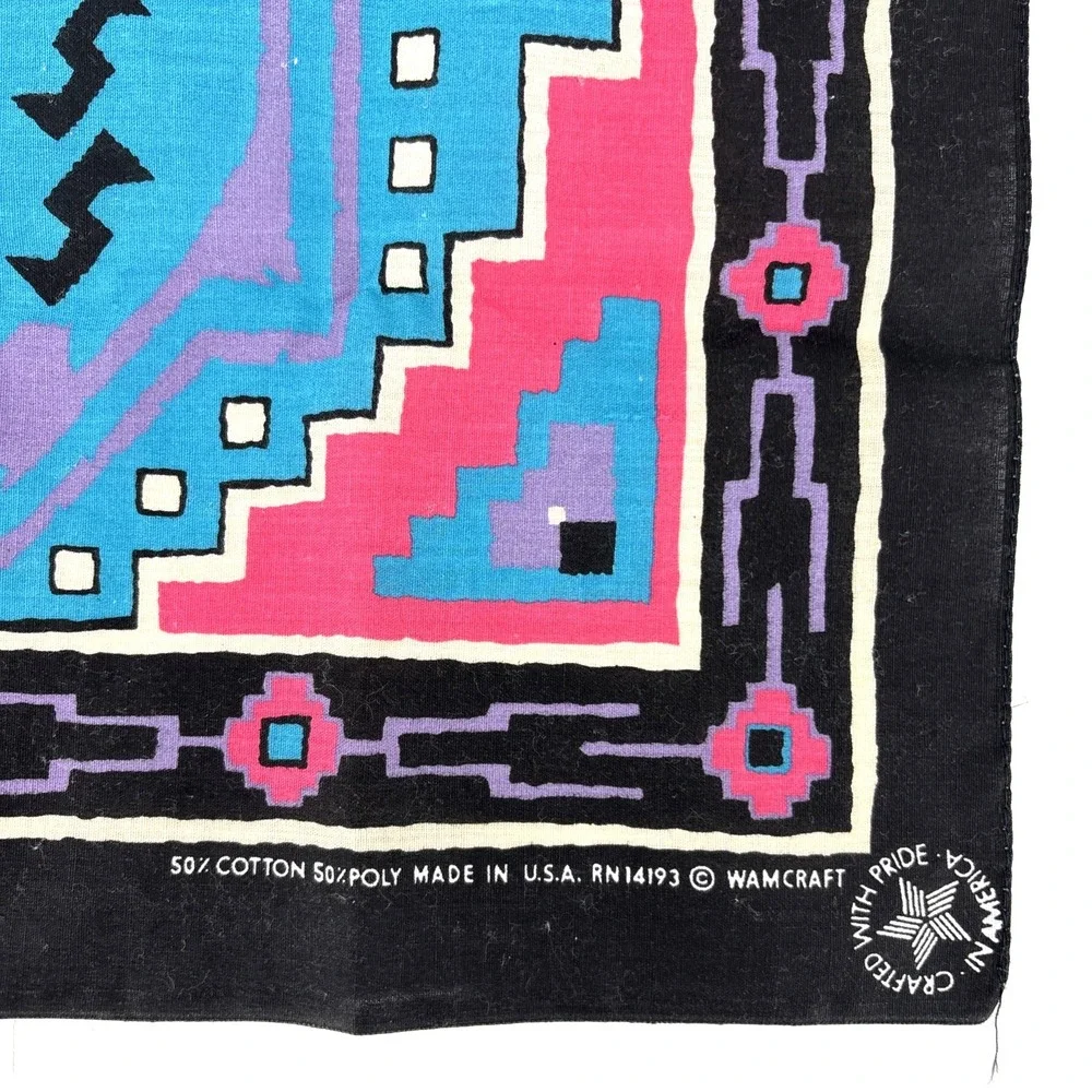 Vtg Southwestern Biker BANDANA Hanky Black Pink Teal Wamcraft Western